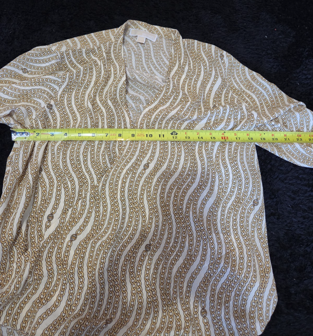 Michael Kors Blouse Gold Chain Link Print Wrap V-Neck Stretch Top L Gently Used