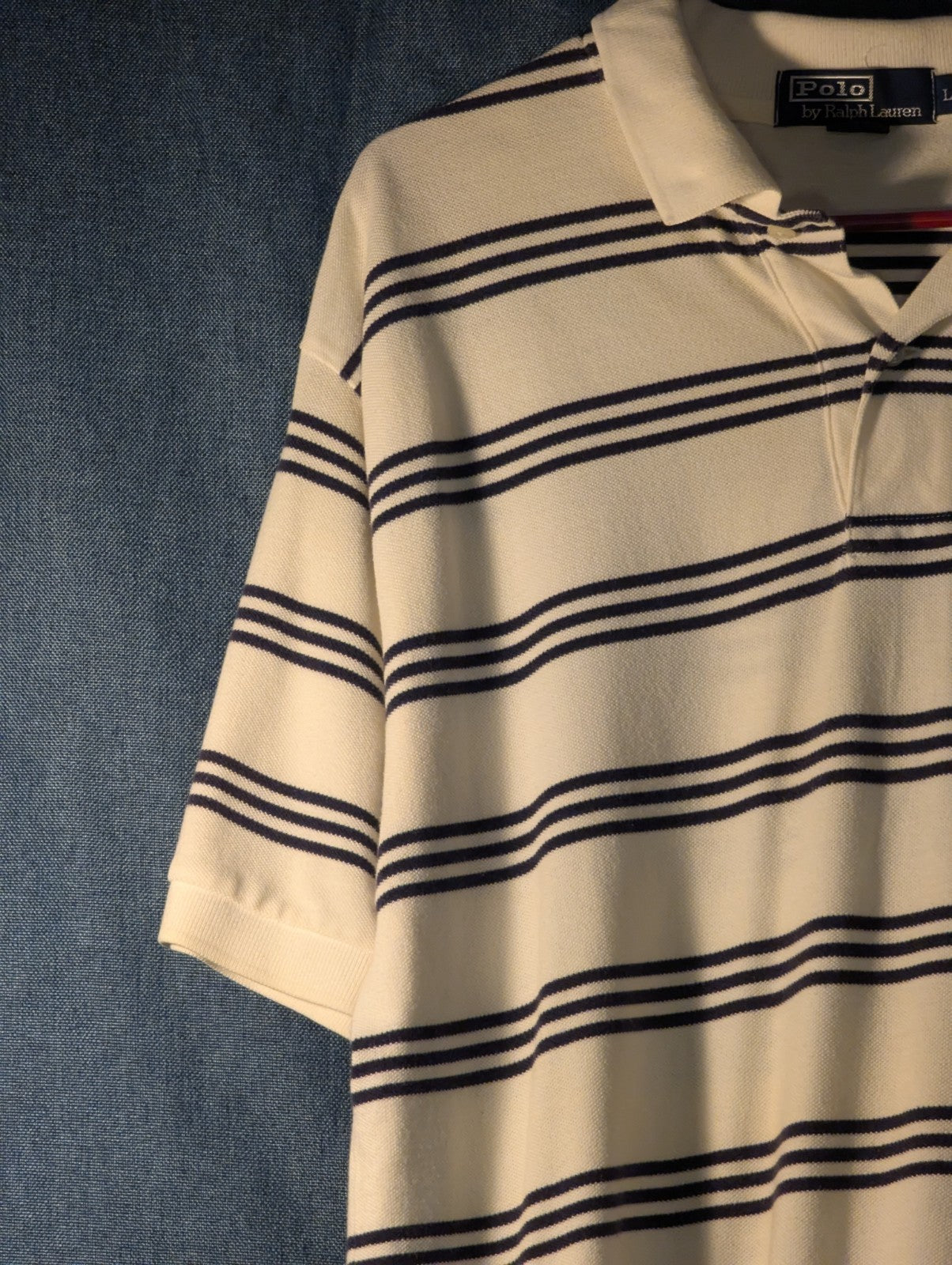 Vintage 90s Polo Ralph Lauren Shirt Men's Large Cream Navy Stripe 