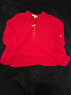 Michael Kors Blouse Red Zip Top Women Large Roll Tab Sleeve Jersey Shirt Used