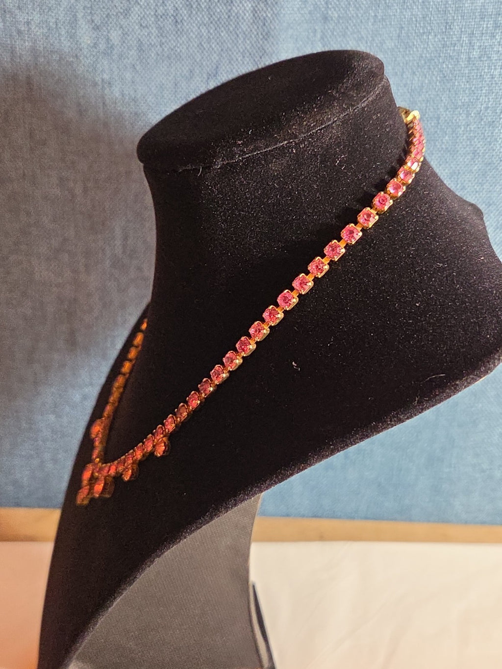 Fringe Necklace Pink Rhinestone Gold Tone Retro Glam