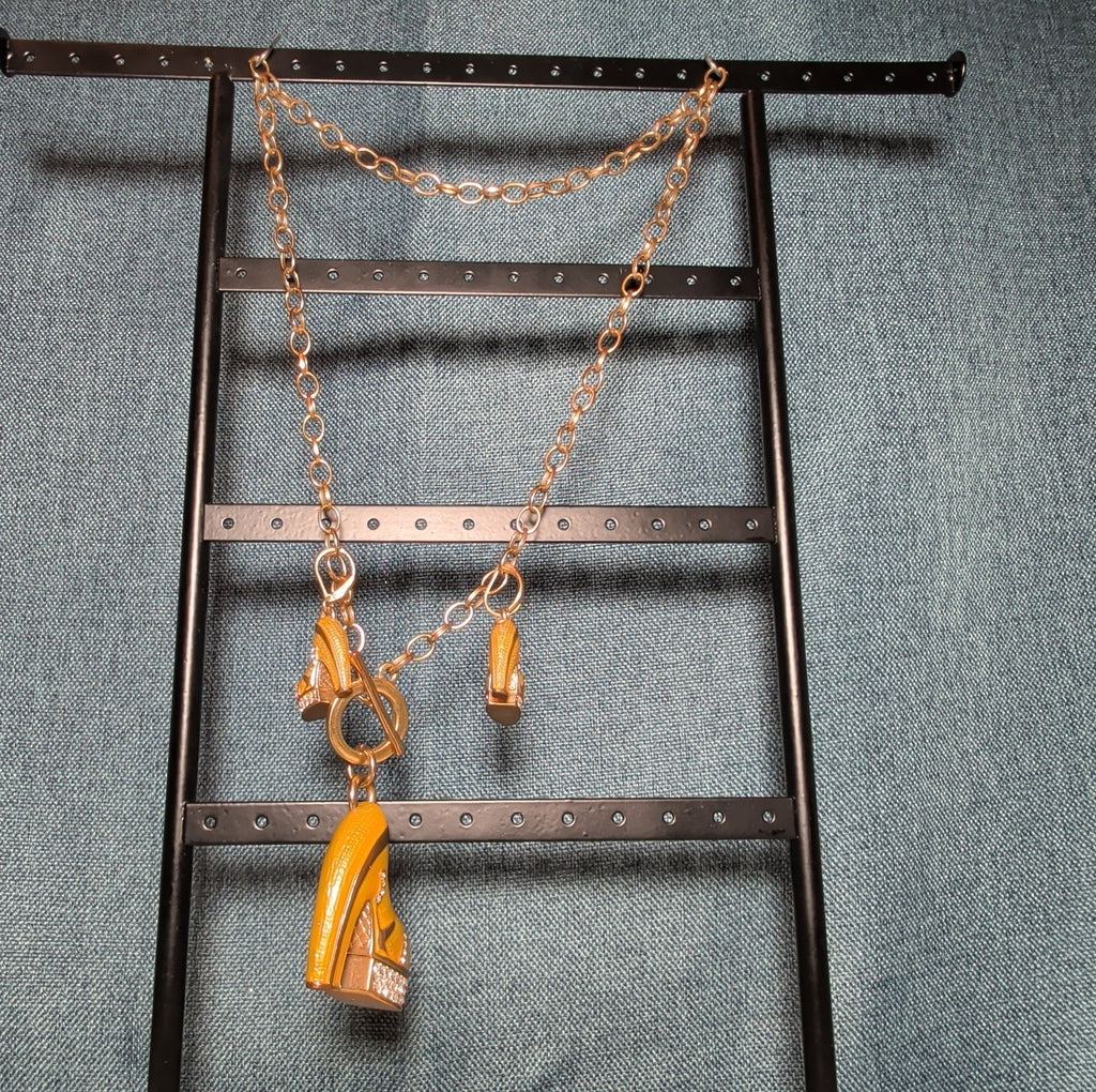 High Heel Shoe Pendant Necklace Gold Tone Rhinestone Y2K