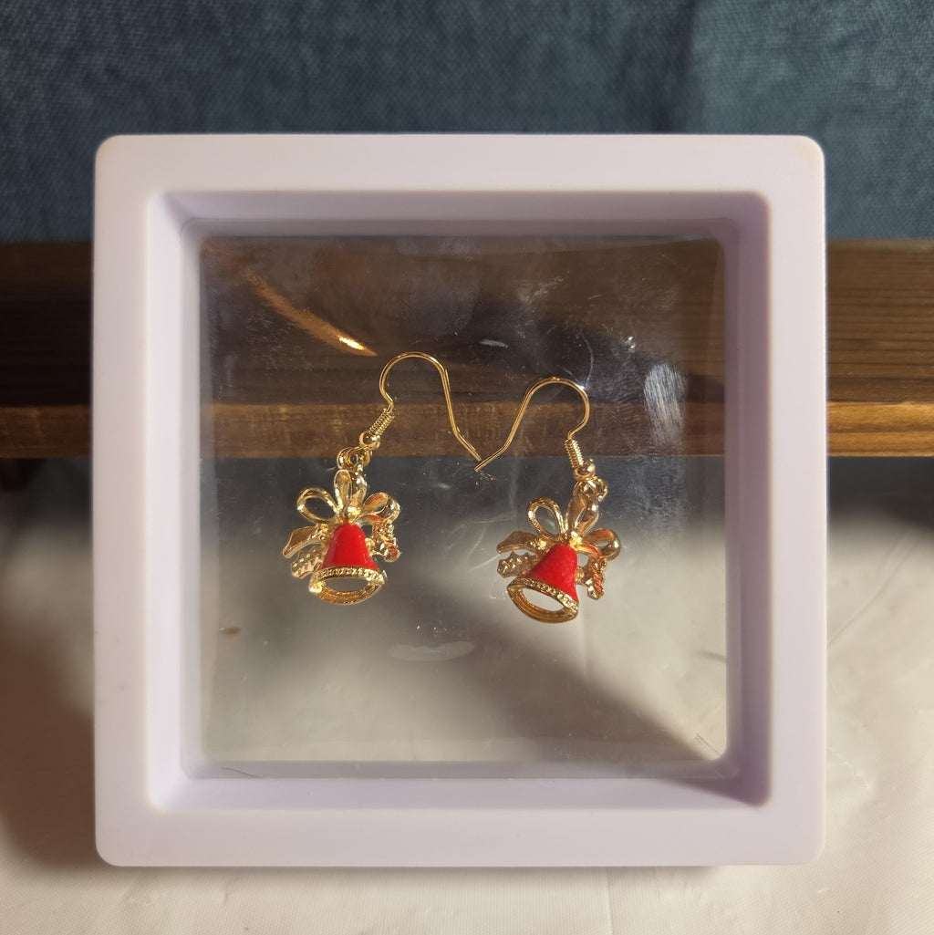 Gold Christmas Bells Drop Earrings 3/4" Red Enamel