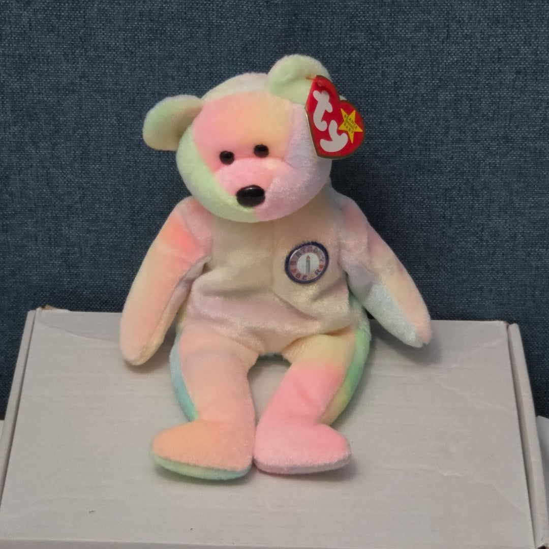 TY Beanie Baby B.B. BEAR The Birthday Bear 1999 | Pastel Tie-Dye | Mint Tags NEW