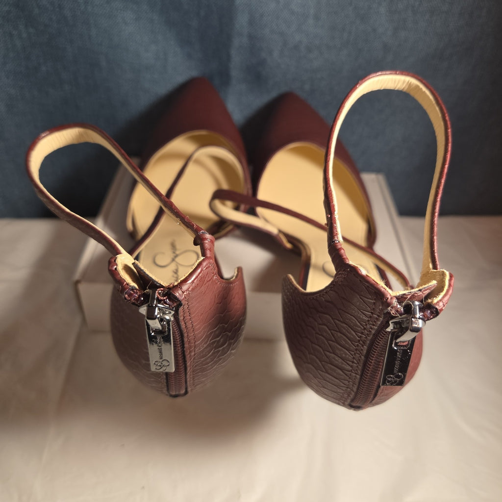 Jessica Simpson Wine Snakeskin Pumps 9M Ankle Strap Pointed Toe Zipper Heels 40
