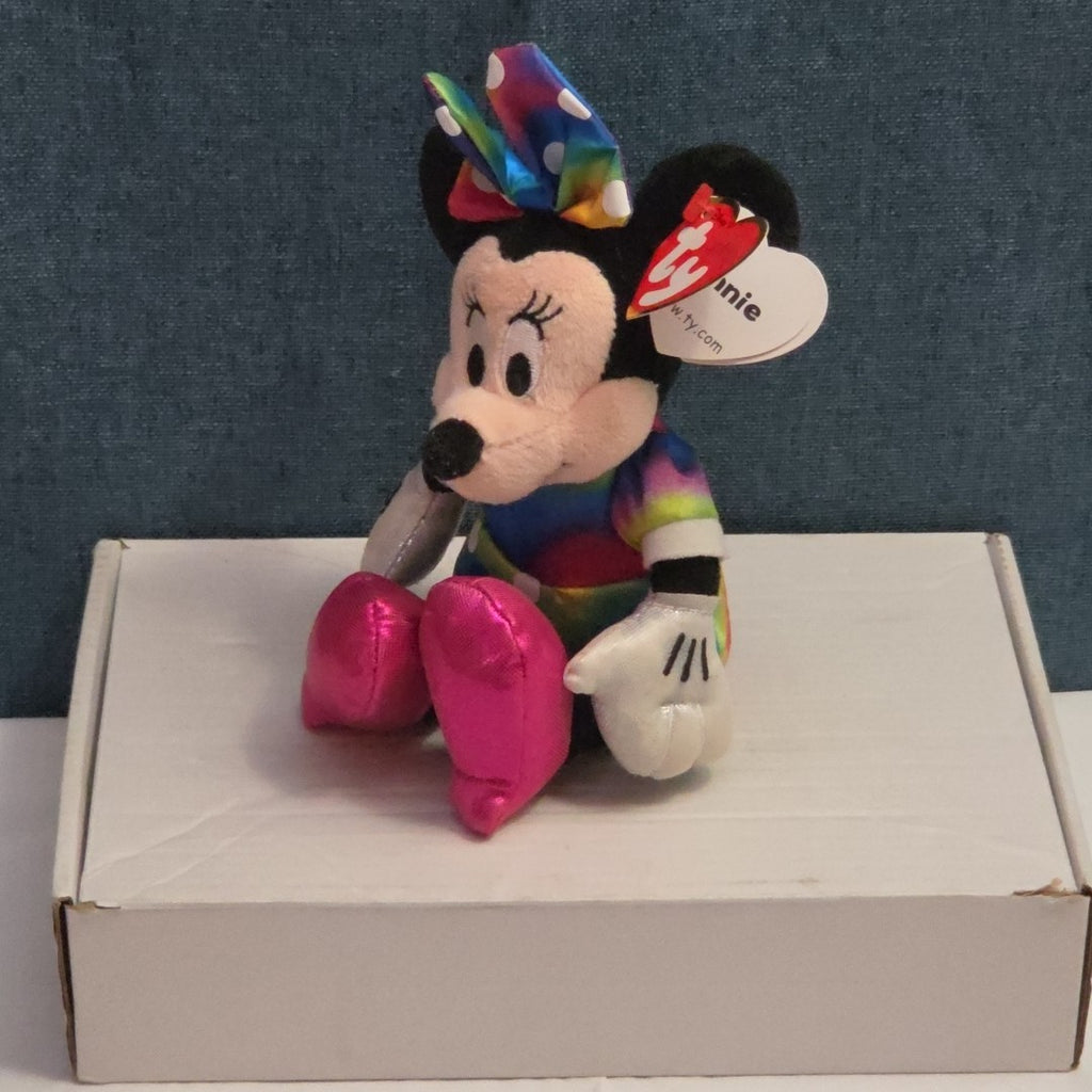 Ty Disney Beanie Baby Minnie Mouse Sparkle Rainbow Dress Metallic Pink Shoes