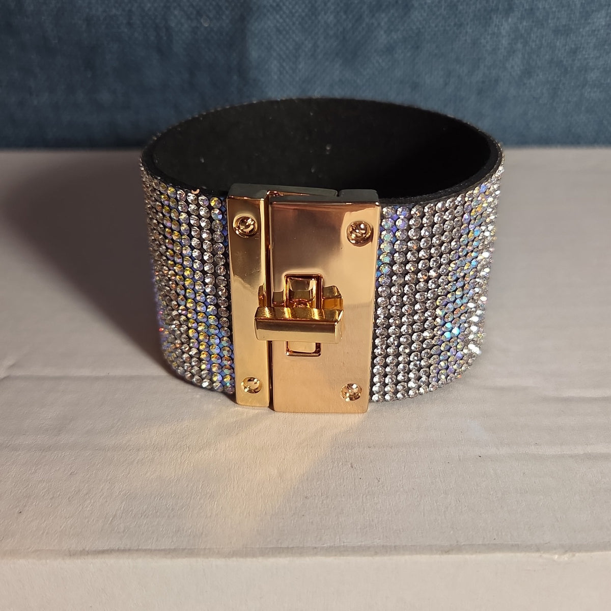 Rhinestone Wide Cuff Bracelet AB Crystal Gold Tone Y2K Glam Style NWOT
