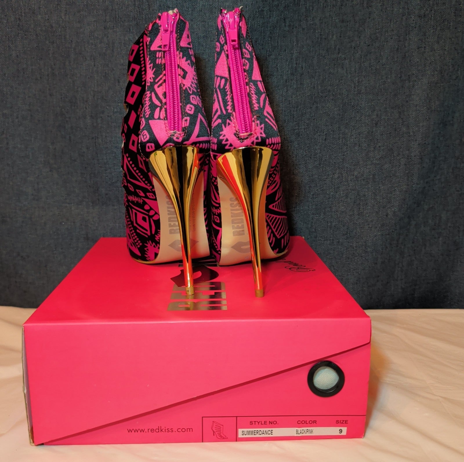 RedKiss Summerdance High Heels Size 9 Pink Black Caged Booties Stiletto Boxed