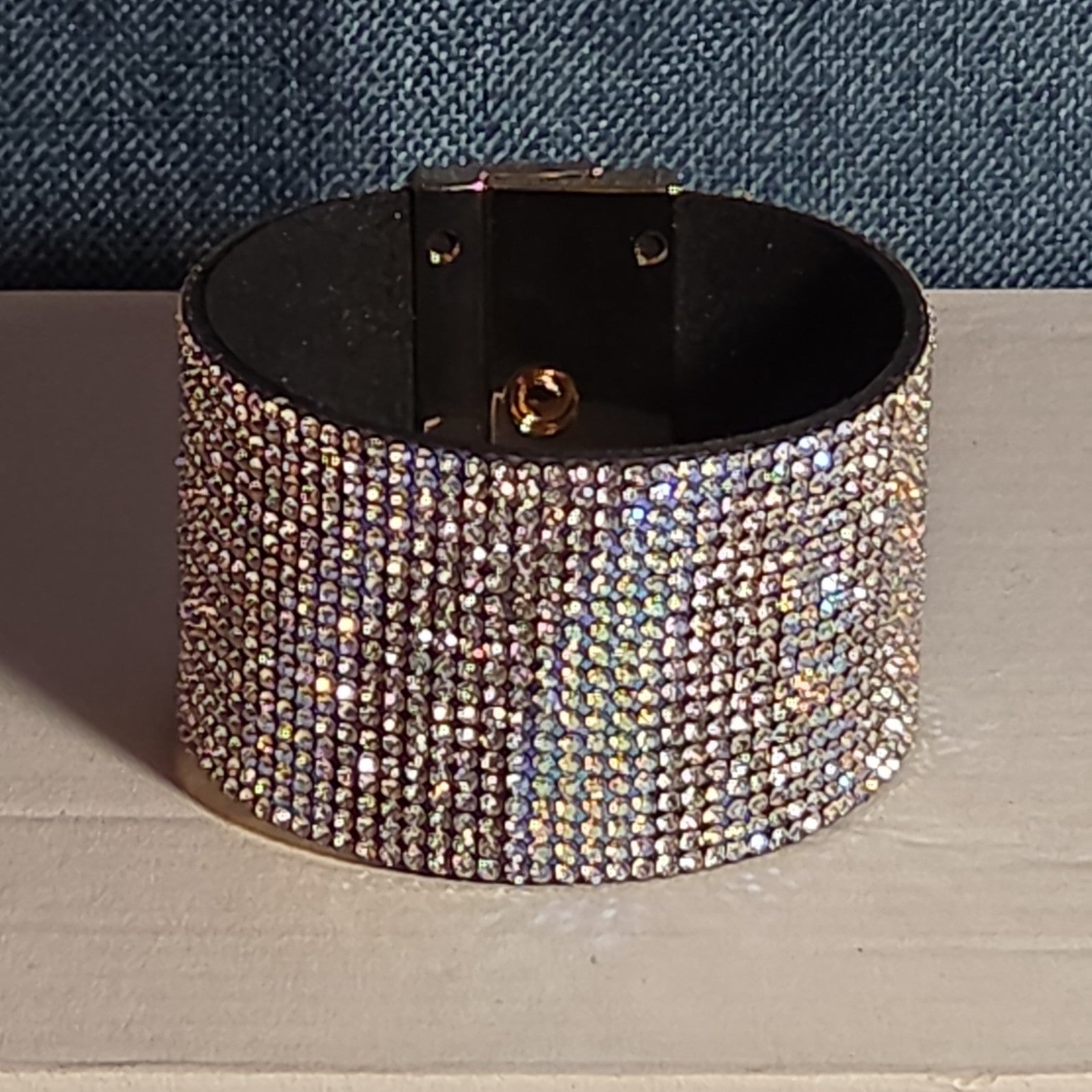 Rhinestone Wide Cuff Bracelet AB Crystal Gold Tone Y2K Glam Style NWOT