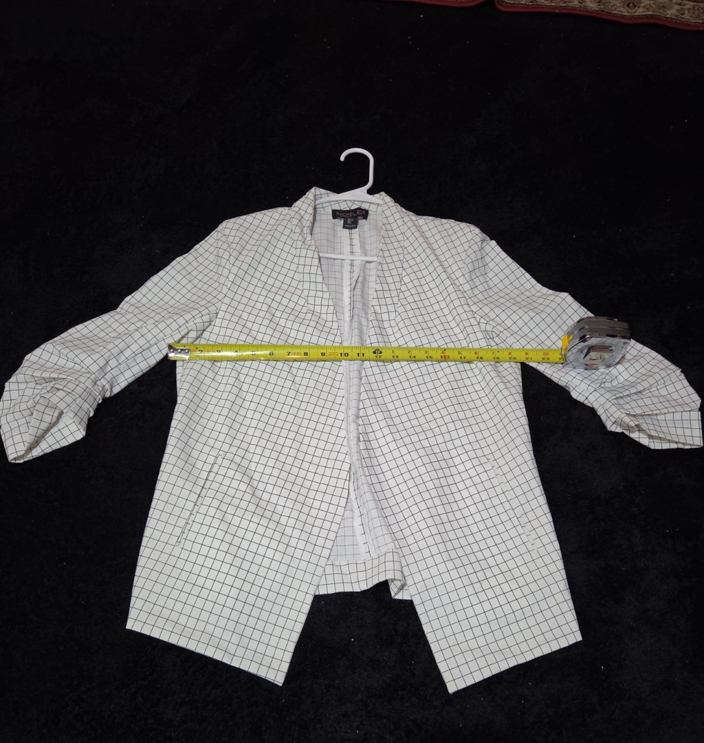 Rachel Zoe Open Front Blazer Women's S White Black Check 3/4 Sleeve Ruche Size L