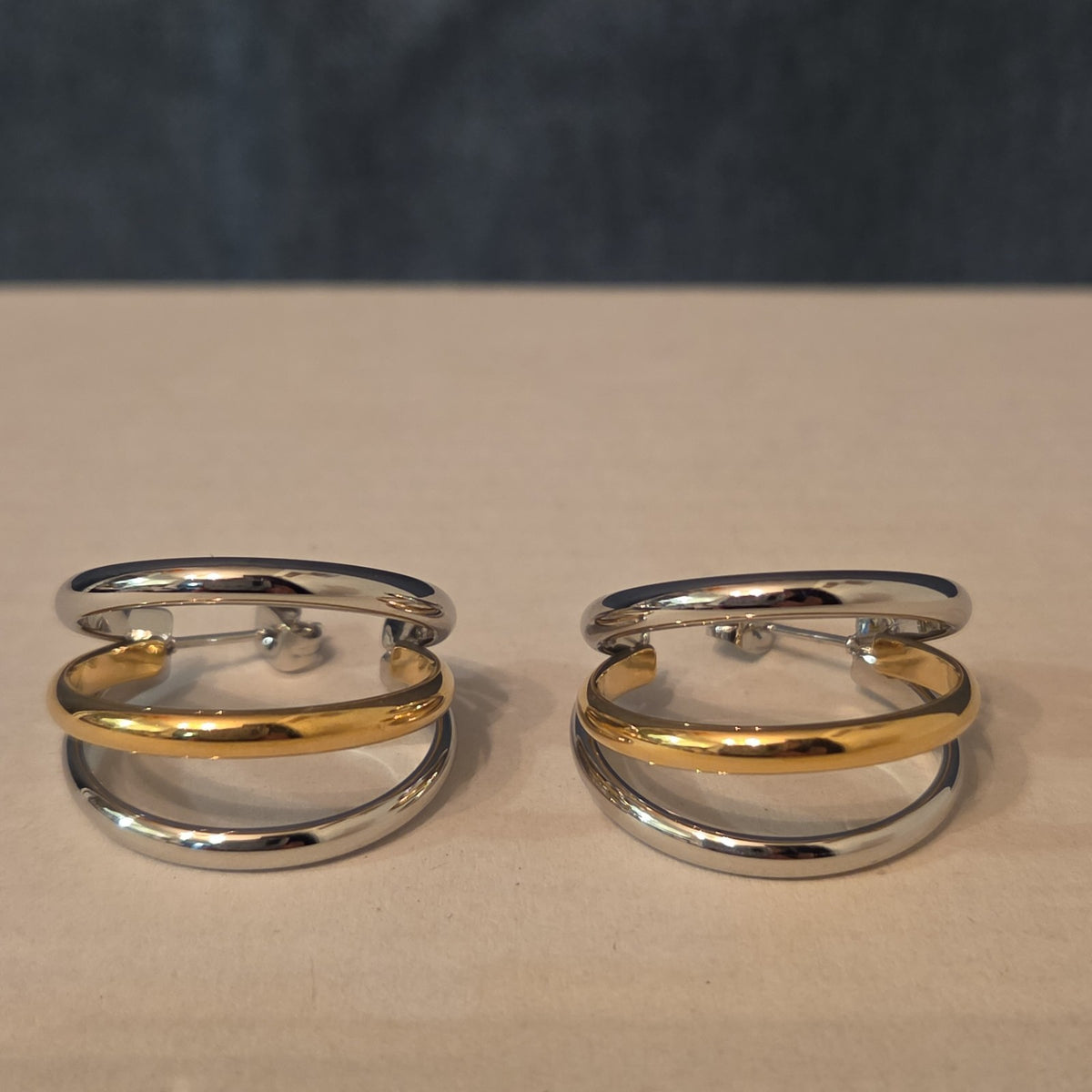 Triple Hoop Mixed Metal Gold Silver Tone Earrings Modern