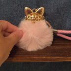 Pink Rhinestone Fox Pom Pom Keychain Charm Braided Strap
