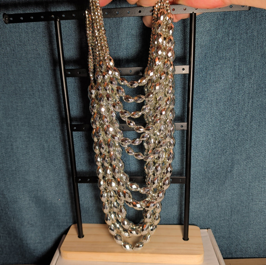 Multi Strand Silver Tone Beaded Statement Necklace Glam