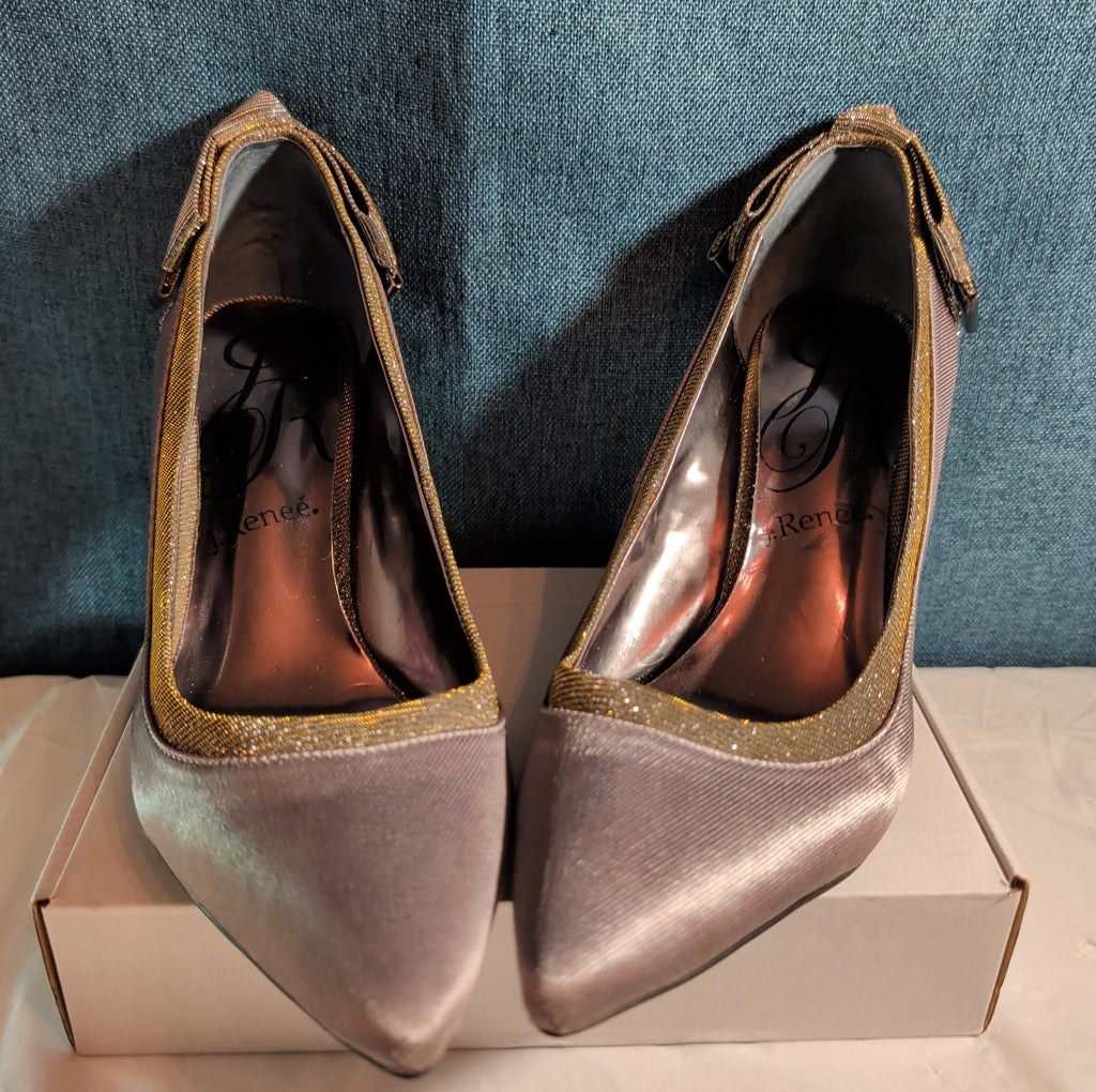 J Renee Silver Sparkly Bow Pumps 8.5 M Pointed Toe Metallic Satin