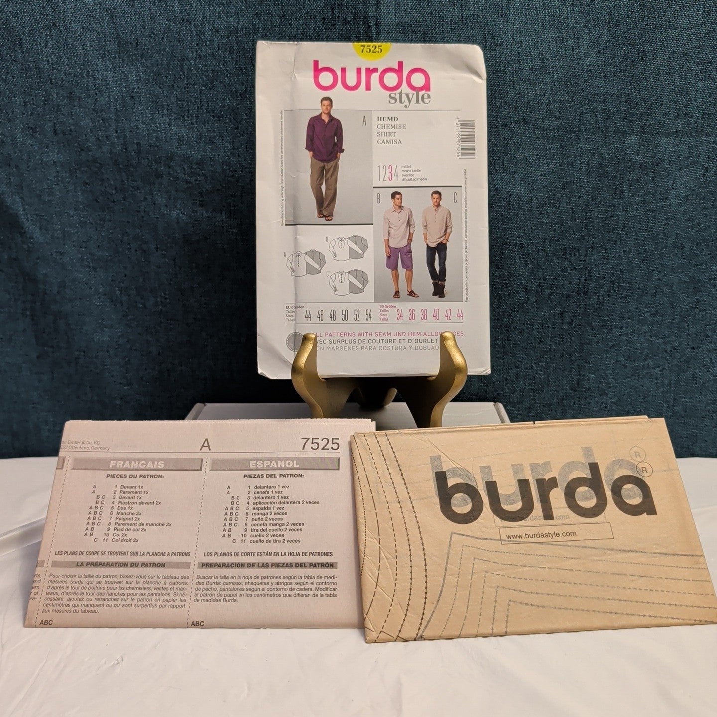 Burda 7525 Men's Shirt Pattern Button Up Tuxedo Bib Band Collar SZ 34-44 UNCUT
