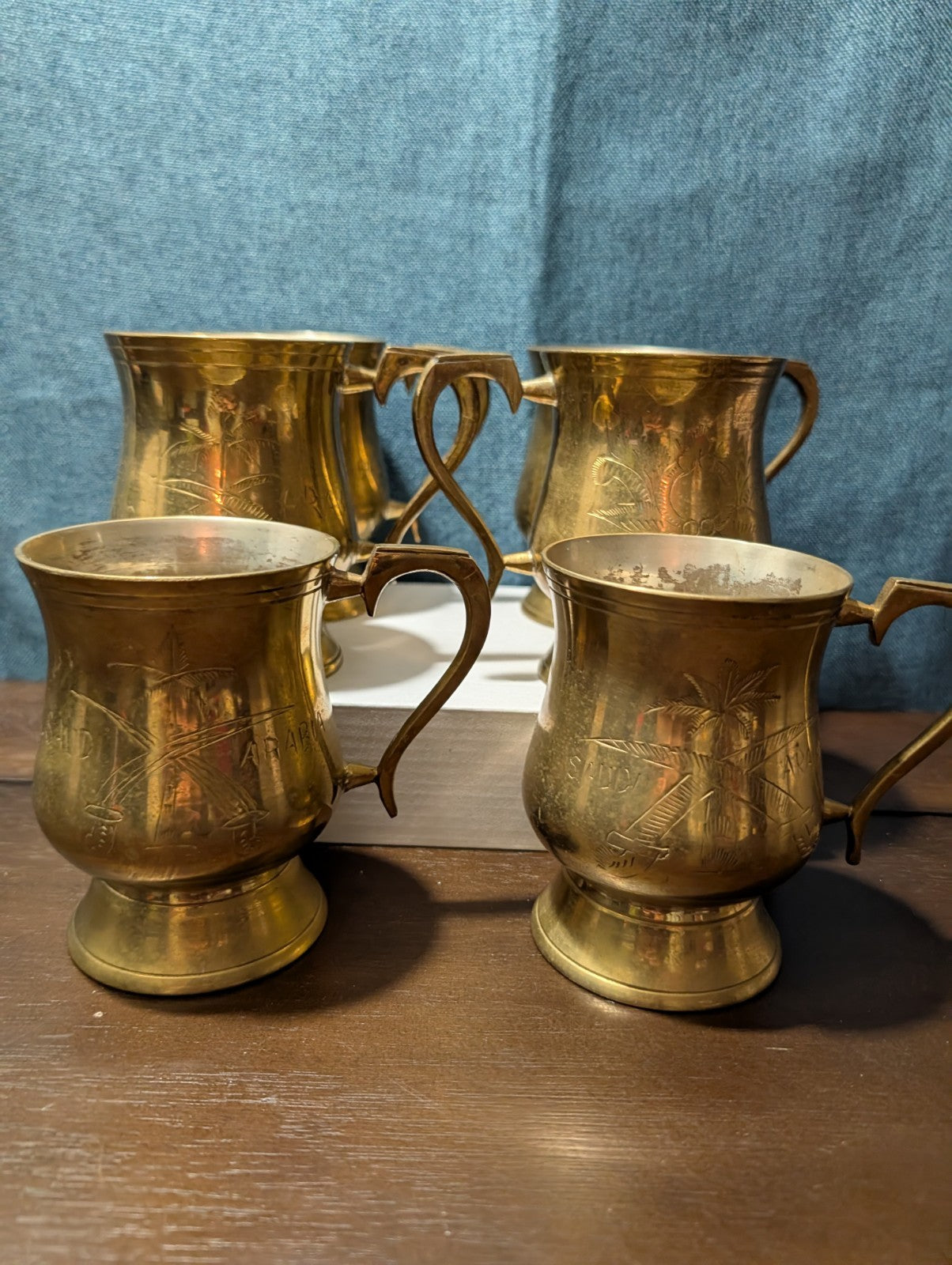 6 Vintage Etched Brass Mugs | Saudi Souvenir Goblets | Schree Amber  & Co.