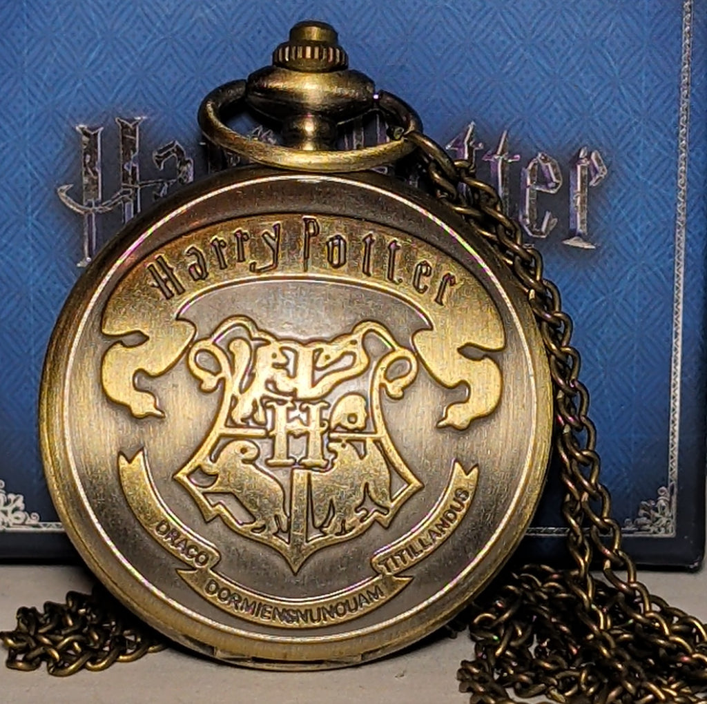 Harry Potter Hogwarts Crest Pocket Watch Brass Tone Steampunk Retro NIB