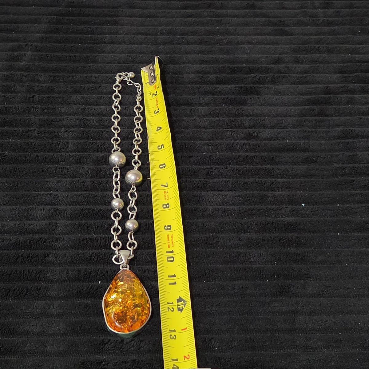 Vintage Faux Amber Necklace Clip On Earrings Set Silver Tone Teardrop Shimmer
