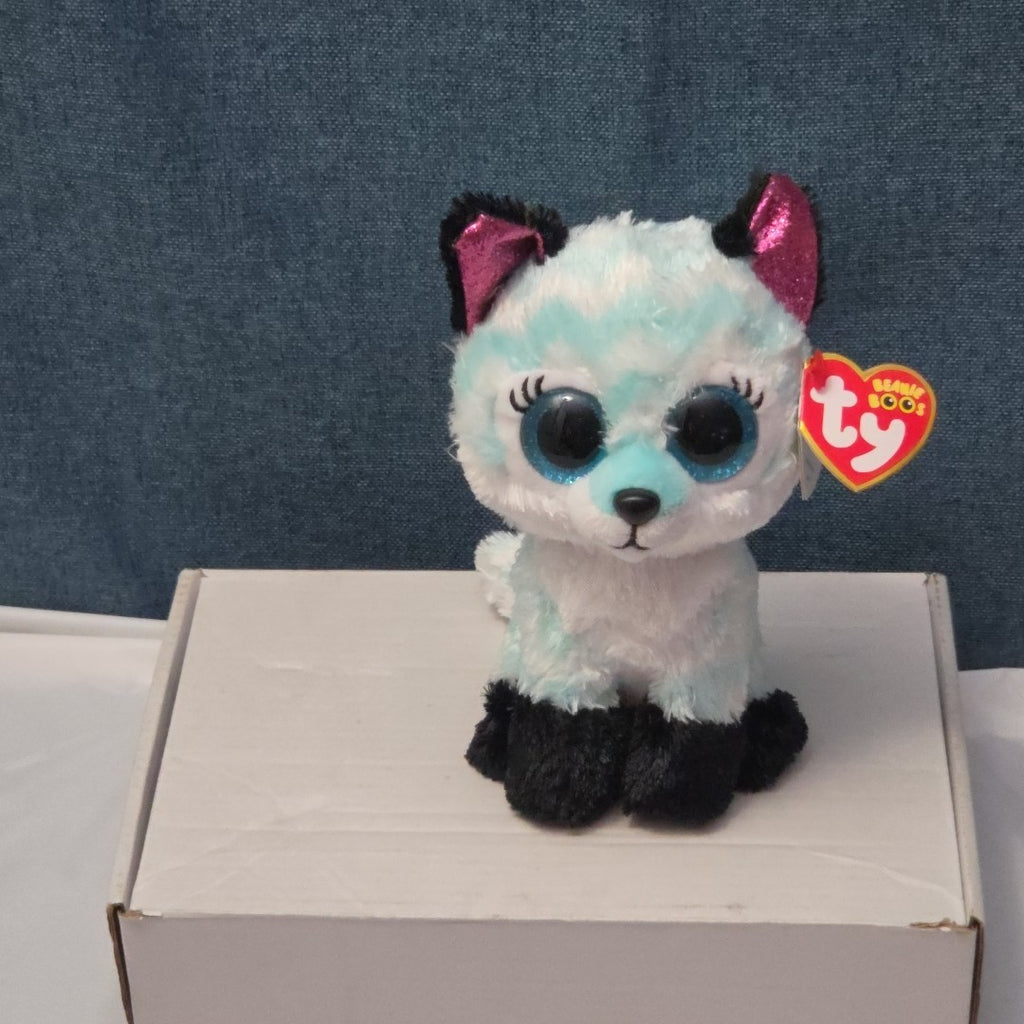 Ty Beanie Boos Atlas Aqua Chevron Fox 6" Plush Blue Glitter Eyes Retired MWMT