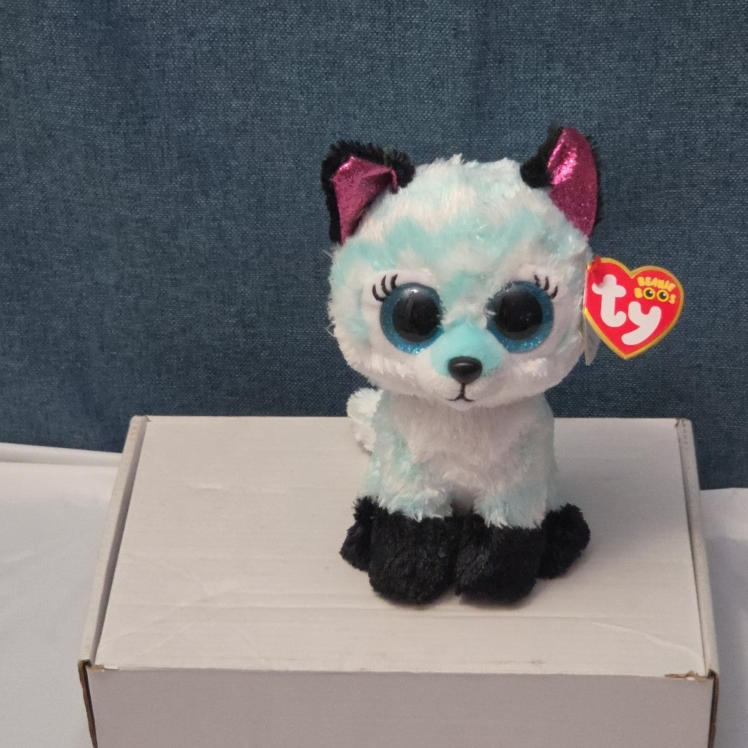 Ty Beanie Boos Atlas Aqua Chevron Fox 6" Plush Blue Glitter Eyes Retired MWMT