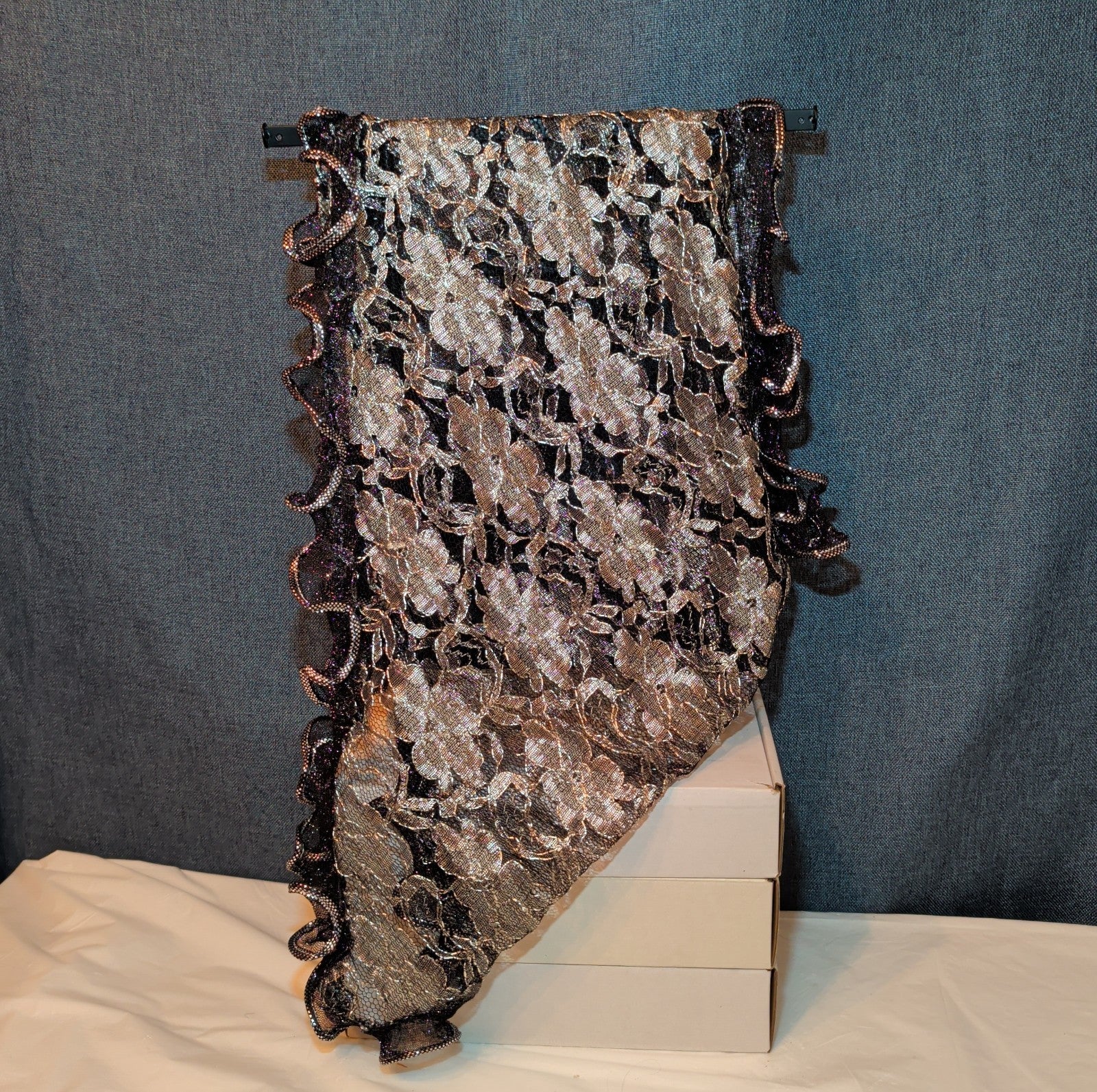 Laurena by LJL Metallic Lace Scarf Wrap Silver Black Ruffled Boho NWT 63x23