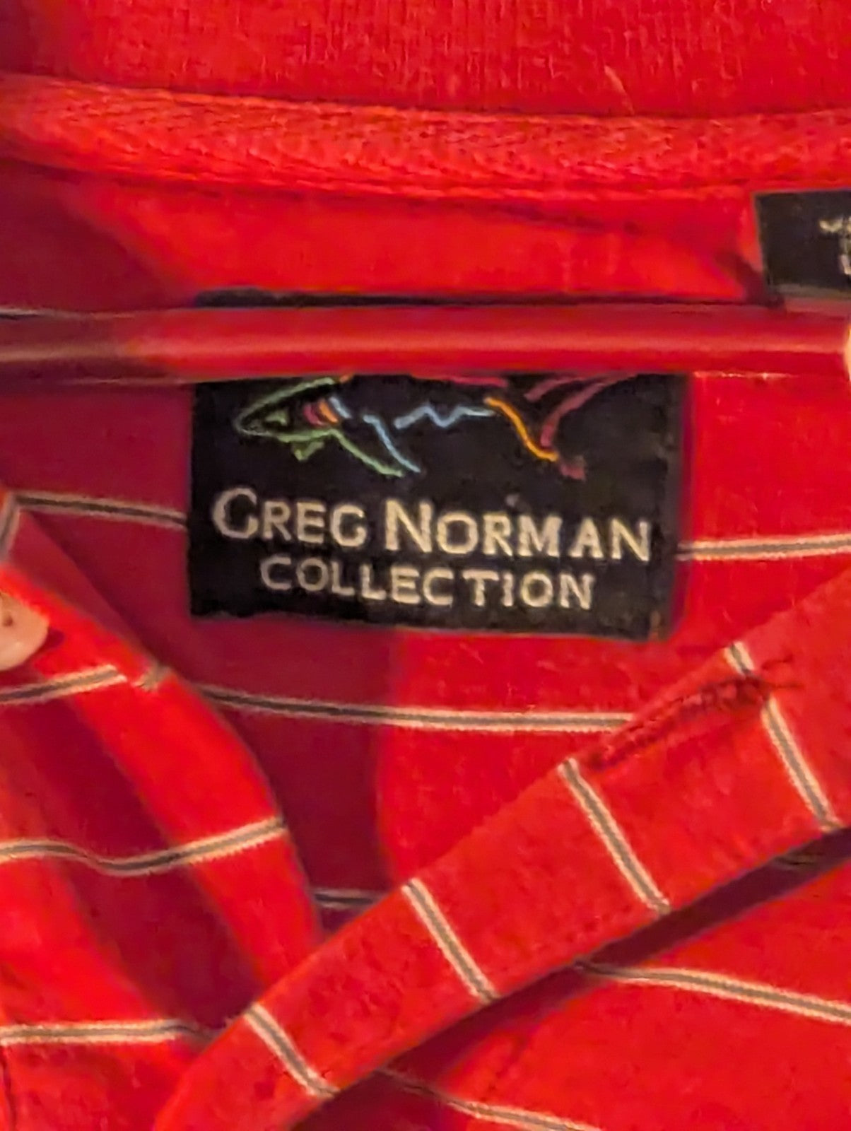 Greg Norman Collection Men's L 100% Cotton Red White Stripe Golf Polo Shark Logo