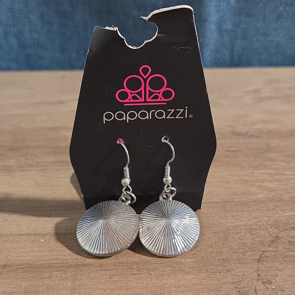 Paparazzi Rhinestone Drop Earrings Silver Sunburst Reverse Vintage