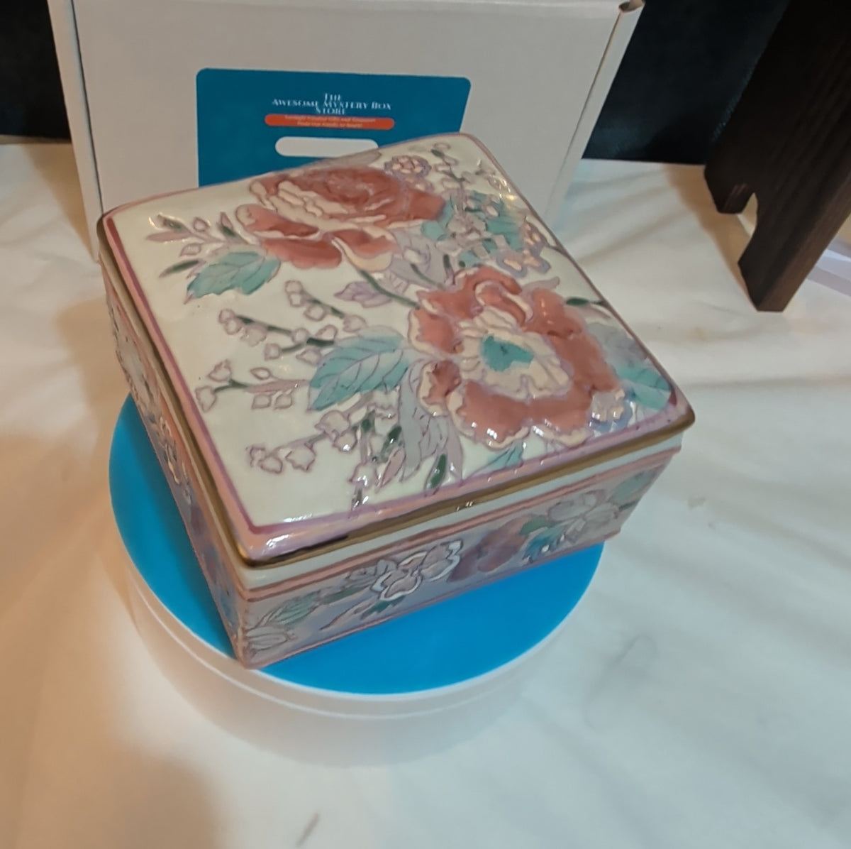 Vintage Pink Floral Porcelain Square Trinket Box Grandmillennial PreOwned