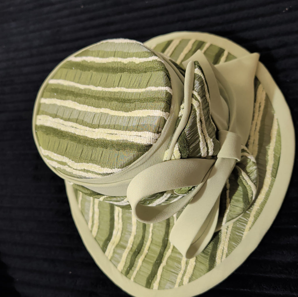 Carissimo Green Striped Wide Brim Church Derby Hat Bow Ribbon Vintage