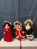 Set of 3 Vintage Porcelain Dolls | Red & Green Velvet | Christmas Carolers