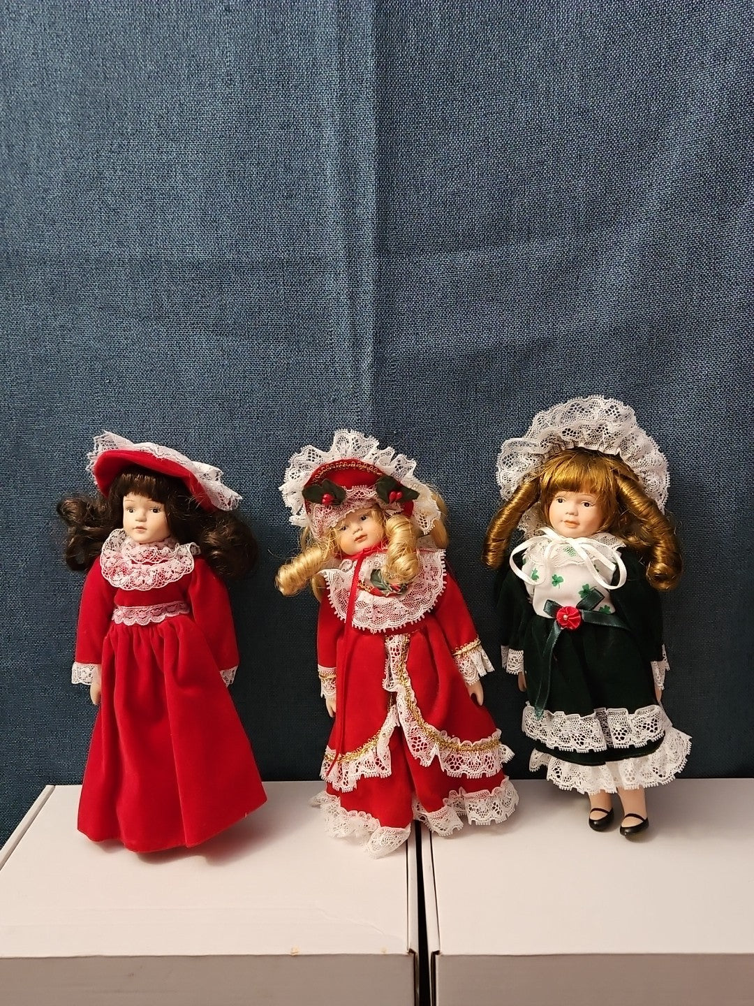 Set of 3 Vintage Porcelain Dolls | Red & Green Velvet | Christmas Carolers