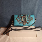Turquoise Western Buckle Floral Trifold Crossbody Wallet NWT
