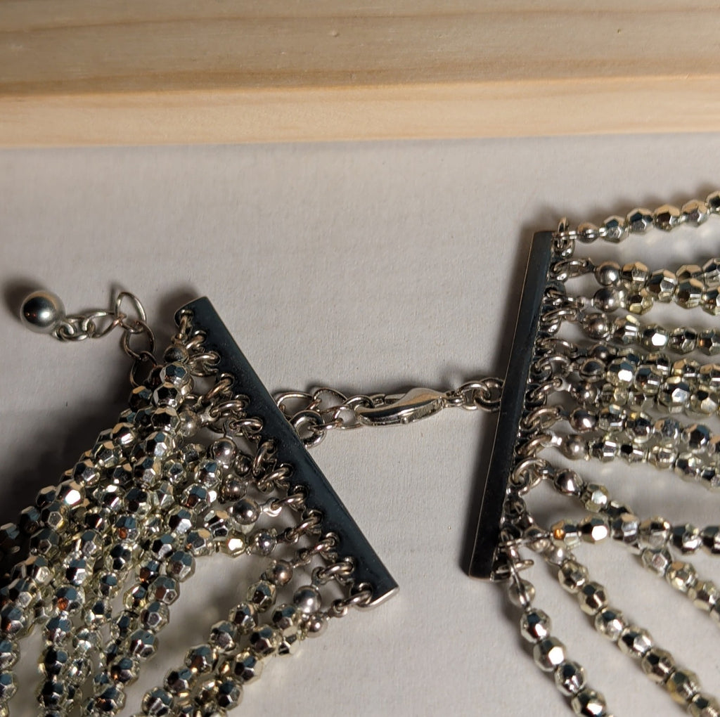 Multi Strand Silver Tone Beaded Statement Necklace Glam