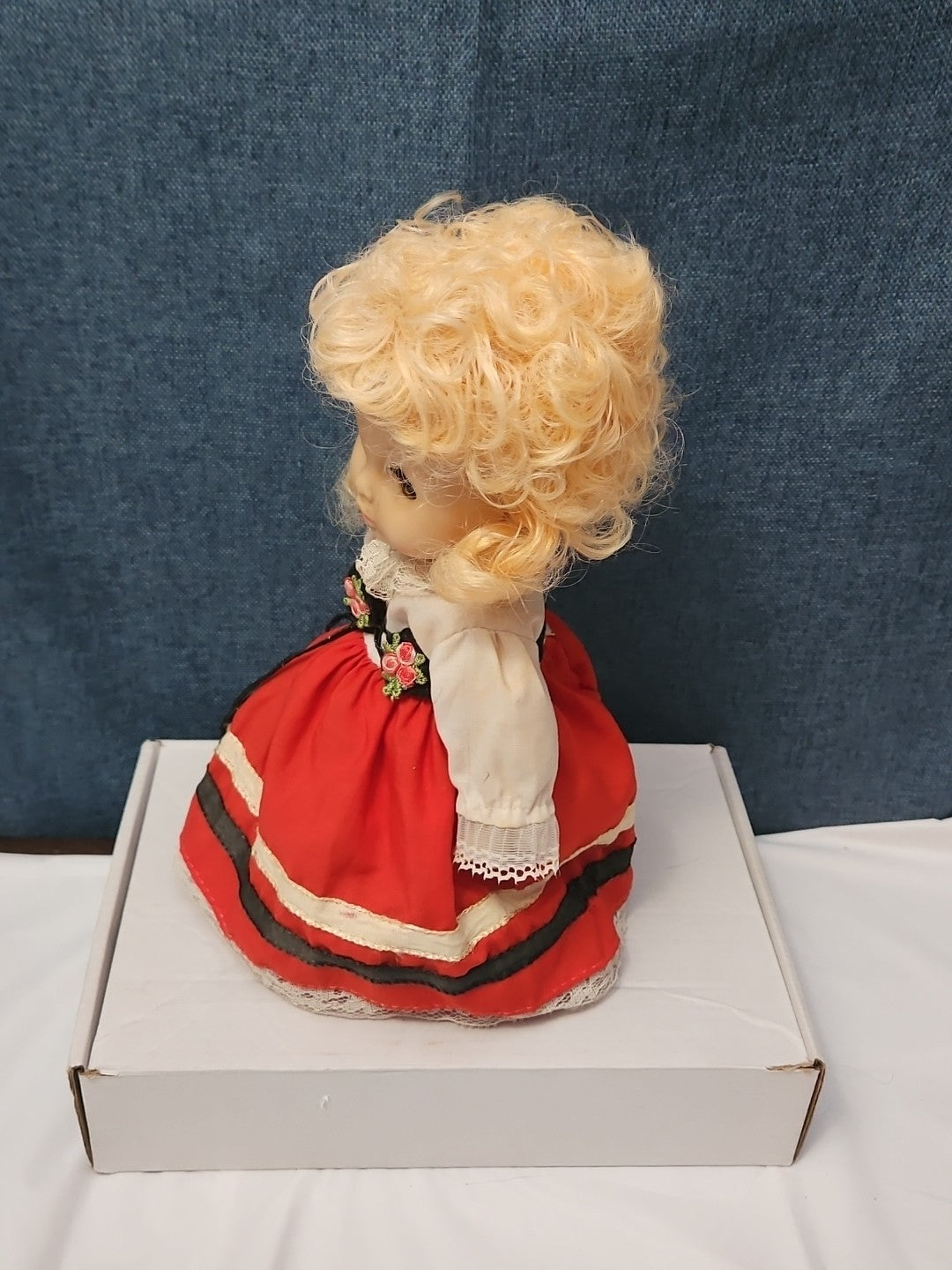 Vintage Heritage Doll Piggy Bank European Folk Costume Blonde Curls Aged Charm