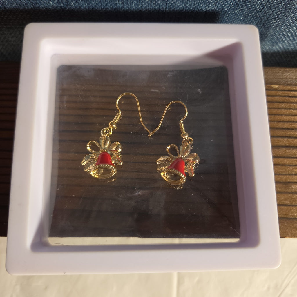 Gold Christmas Bells Drop Earrings 3/4" Red Enamel