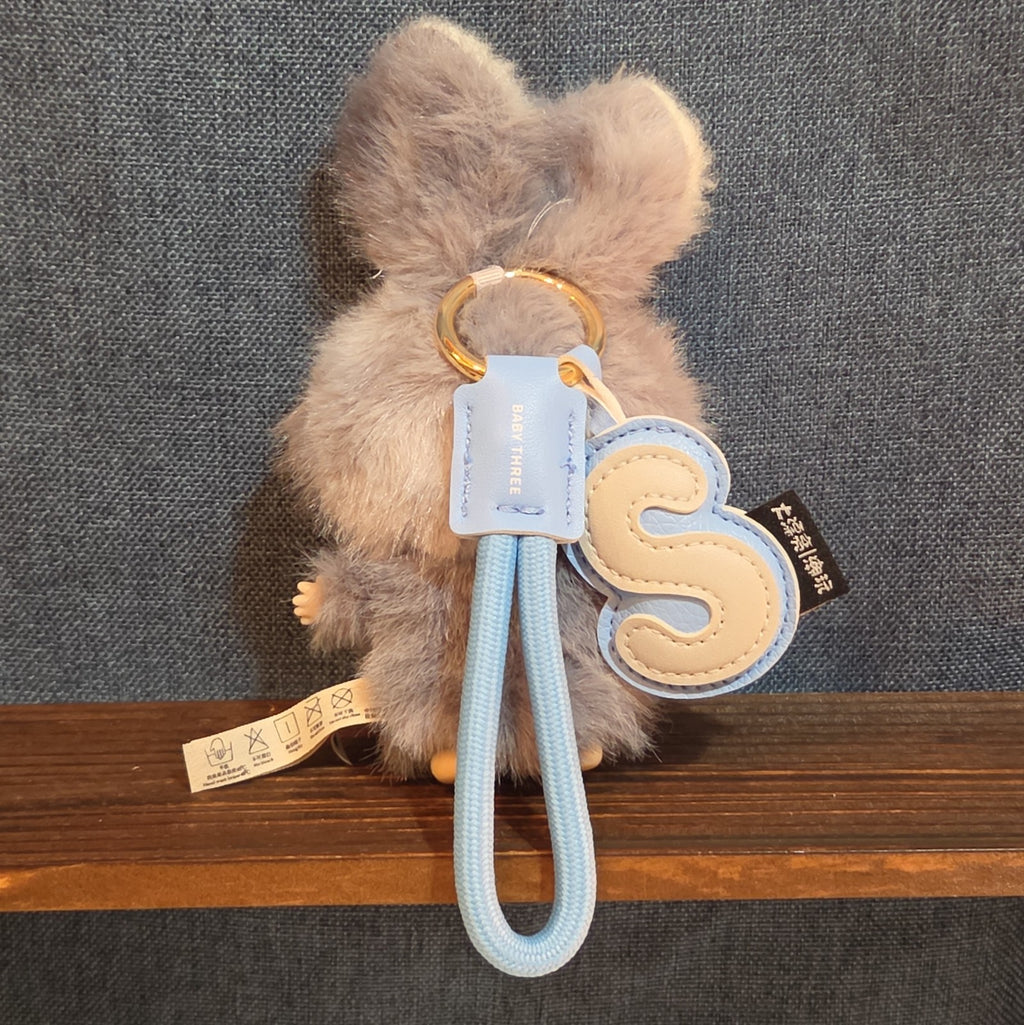 Baby Three Super Mini Bunny Letter S Gray Plush Bag Charm Pendant