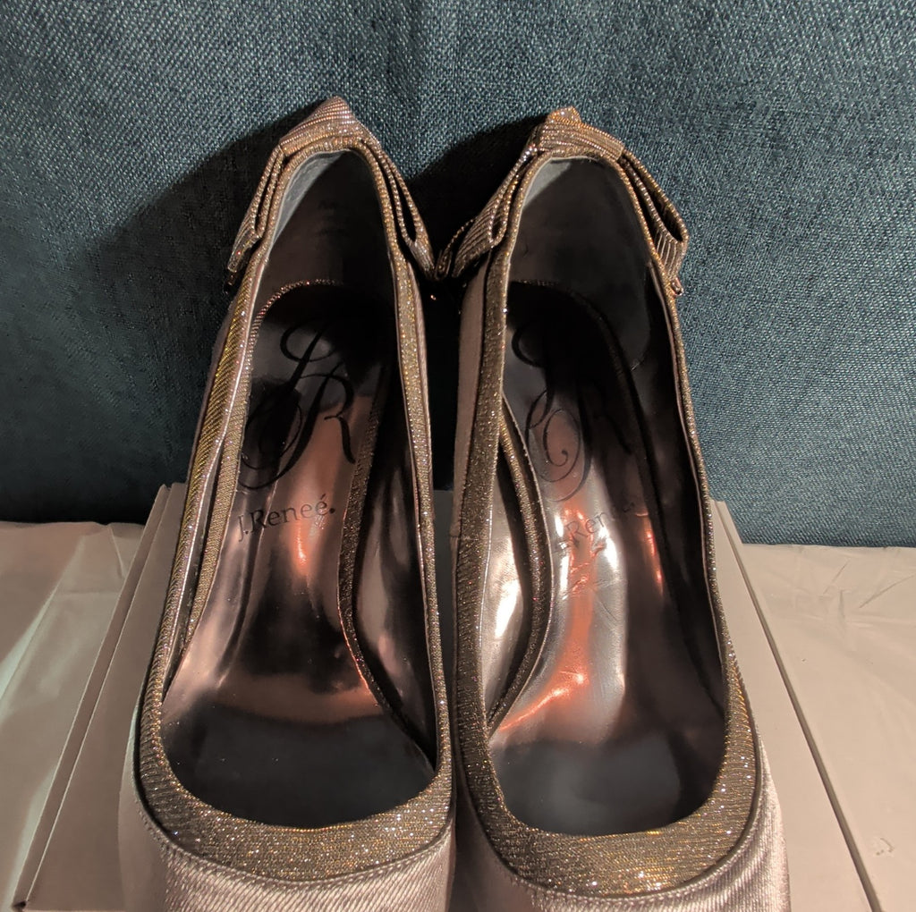 J Renee Silver Sparkly Bow Pumps 8.5 M Pointed Toe Metallic Satin