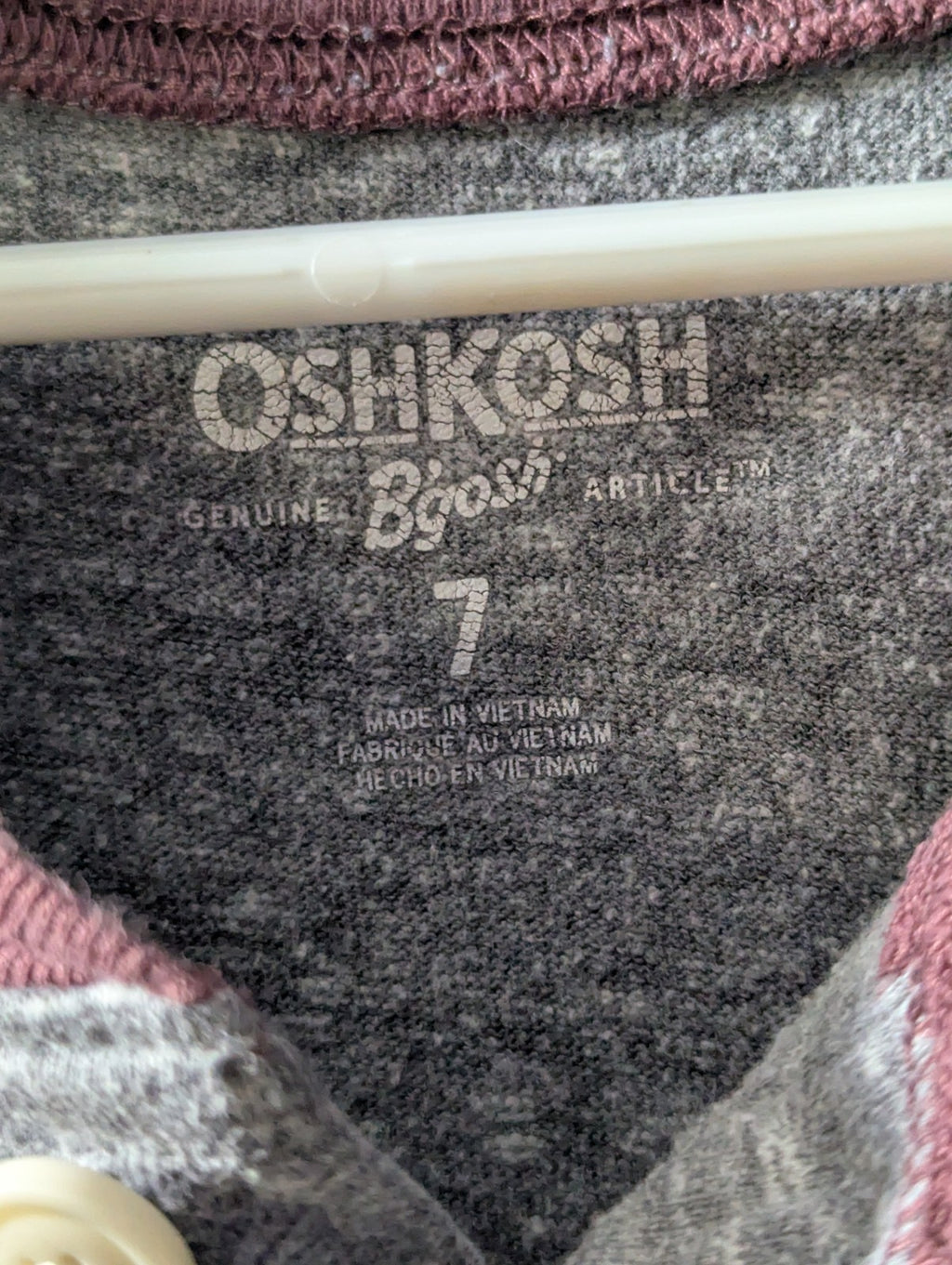OshKosh B'gosh Boys Shirt Size 7 Henley Raglan Gray Maroon Varsity Stripe
