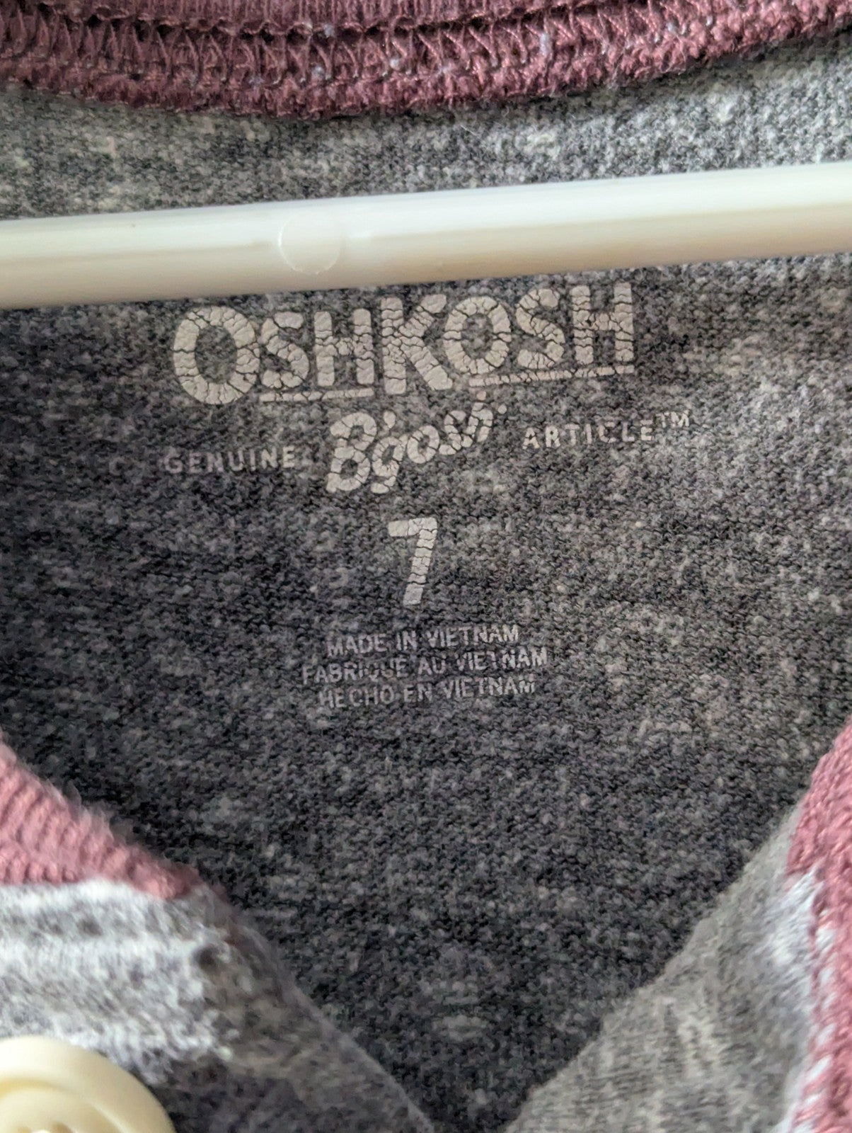 OshKosh B'gosh Boys Shirt Size 7 Henley Raglan Gray Maroon Varsity Stripe