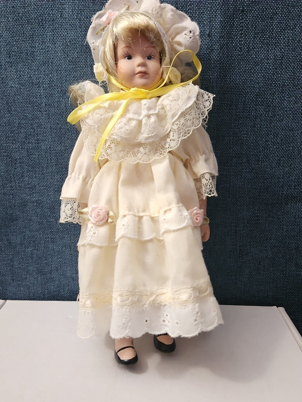 Vintage 8" Porcelain Doll | Blonde with Bonnet & Ruffled Dress