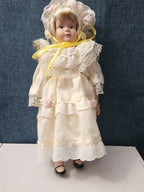 Vintage 8" Porcelain Doll | Blonde with Bonnet & Ruffled Dress