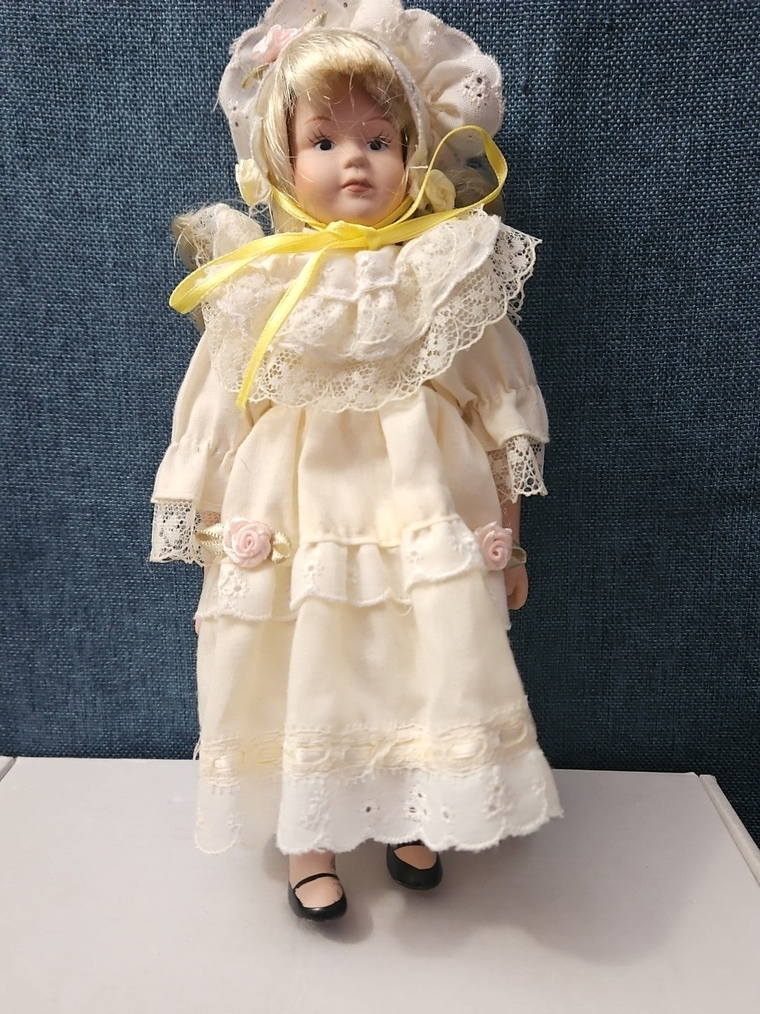 Vintage 8" Porcelain Doll | Blonde with Bonnet & Ruffled Dress