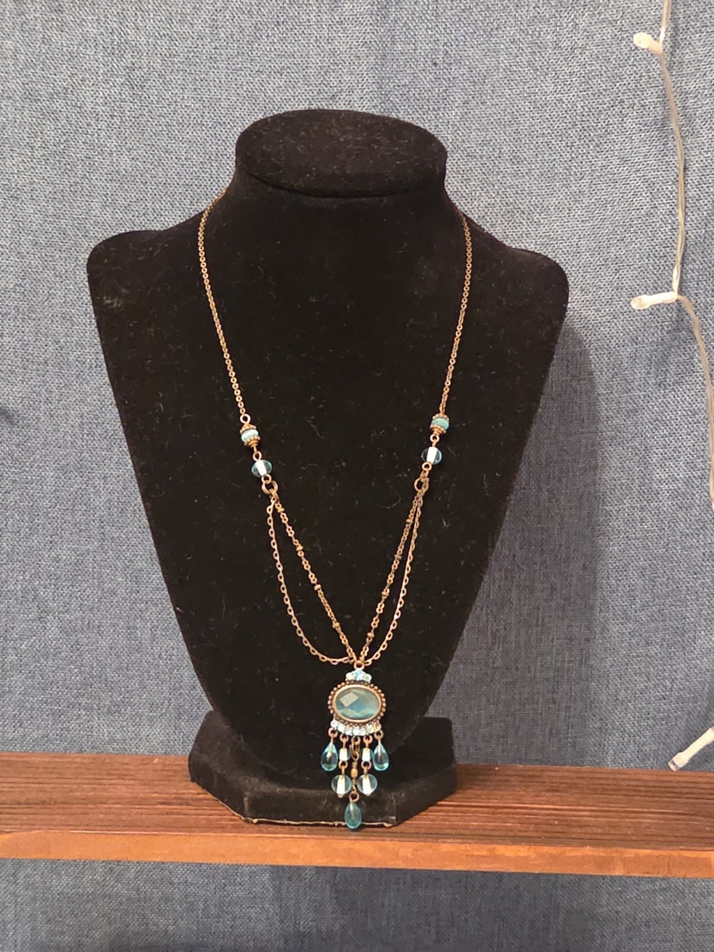 Lia Sophia Blue Bead Double Loop Necklace Antique Gold Tone Boho