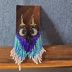 Boho Celestial Moon Seed Bead Fringe Dangle Earrings