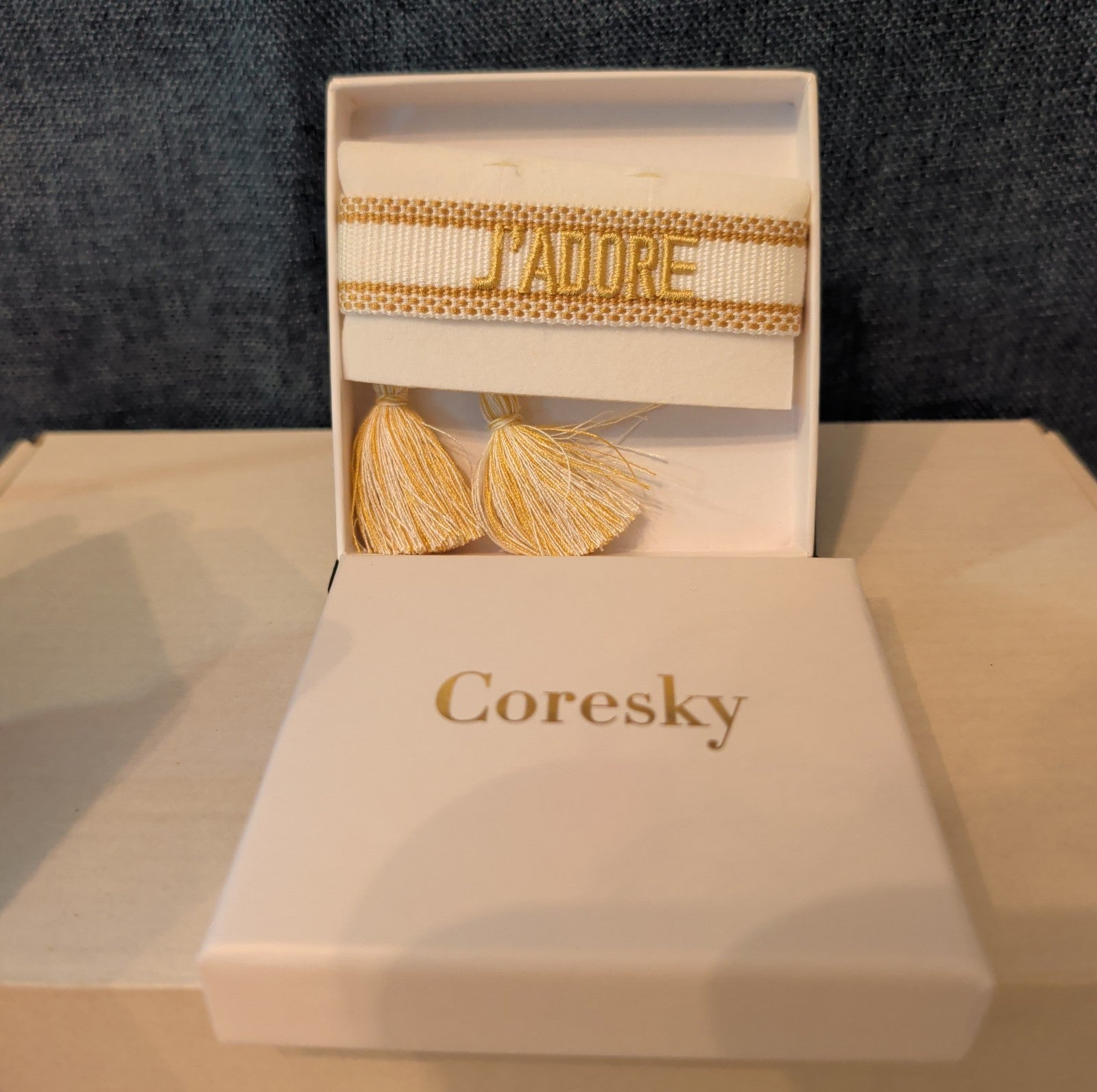 Coresky J'Adore Embroidered Woven Tassel Bracelet Gold Boho NIB