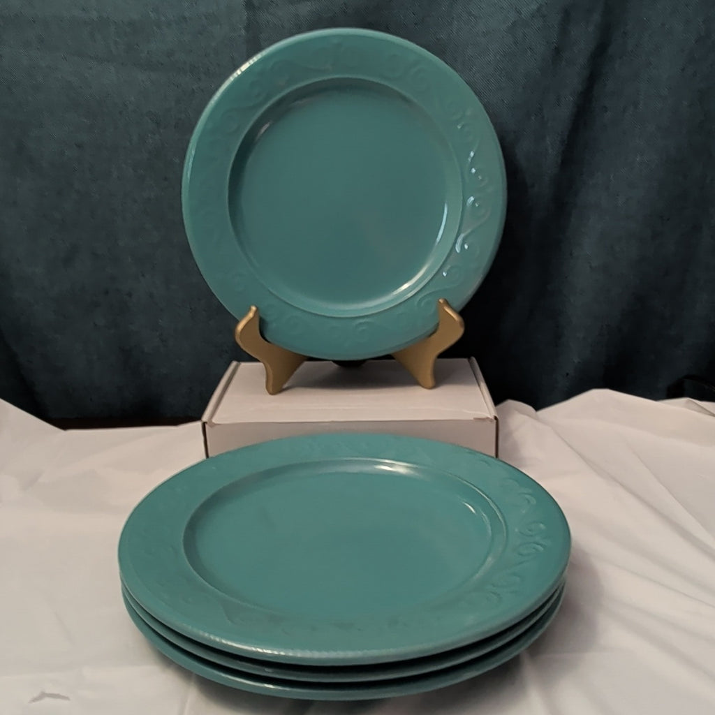 Set of 4 Royal Norfolk Dinner Plates Turquoise Teal Blue Scrolls Rim 10.5"