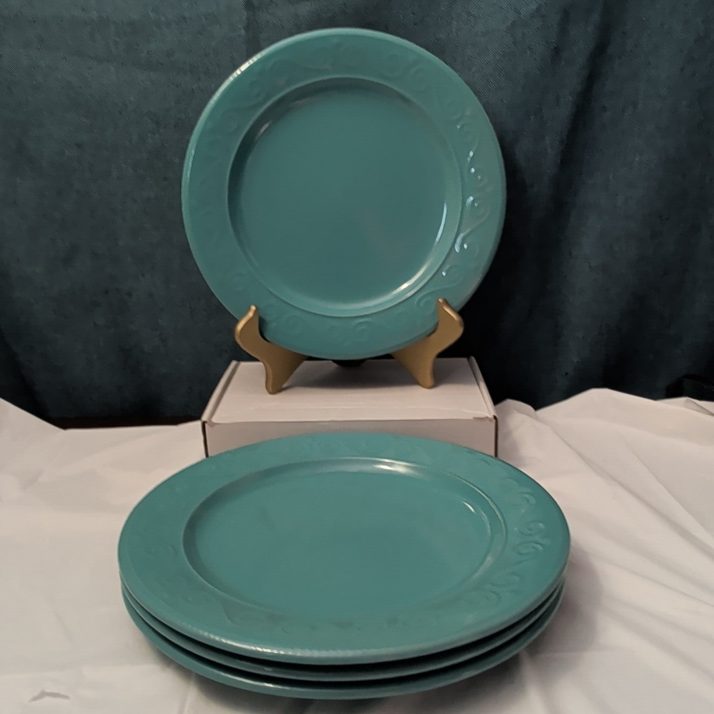 Set of 4 Royal Norfolk Dinner Plates Turquoise Teal Blue Scrolls Rim 10.5"