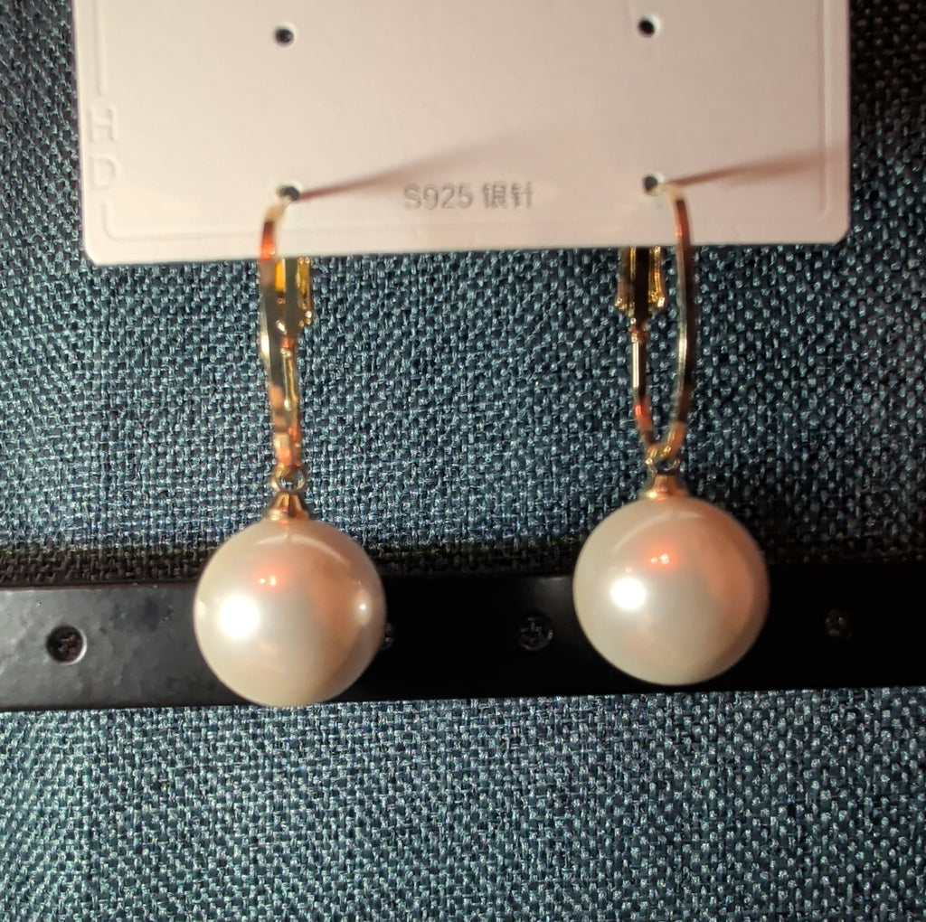 HS DP Fashion Pearl Drop Hoop Earrings 14K Gold Plated S925 Post Classic