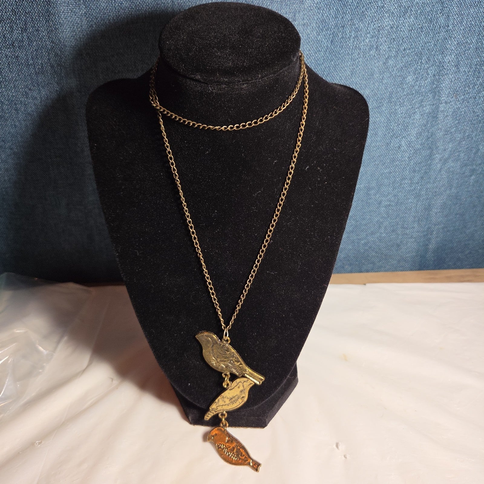 3 Birds Drop Pendant Necklace Brass Tone Long Chain Boho