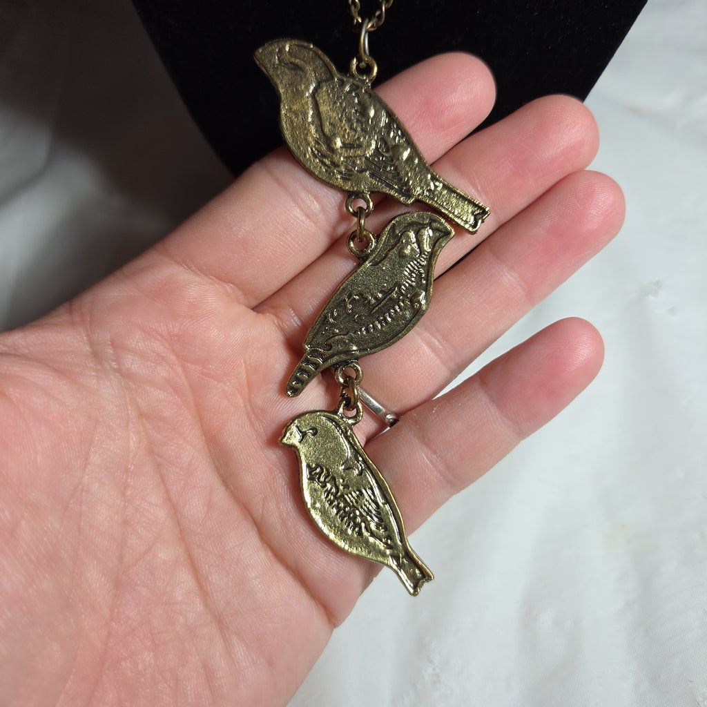 3 Birds Drop Pendant Necklace Brass Tone Long Chain Boho