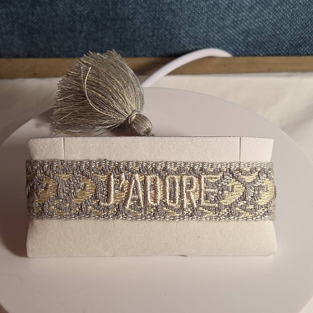 J'Adore Woven Friendship Bracelet Grey Tassel Designer Inspired